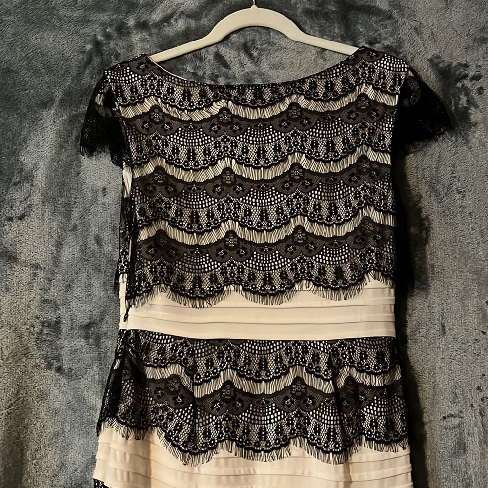 Black and white lace overlay detail midi dress